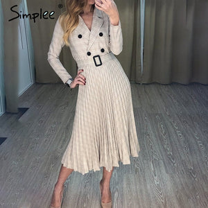 Simplee Vintage pleated belt plaid dress women Elegant office ladies blazer dresses Long sleeve female autumn midi party dress