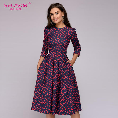 S.FLAVOR Women Elegant A-line Dress 2019 Vintage printing party vestidos Three Quarter Sleeve women Slim Autumn Winter Dress