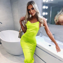 Load image into Gallery viewer, Dulzura neon satin lace up 2019 summer women bodycon long midi dress sleeveless backless elegant party outfits sexy club clothes