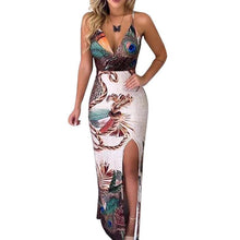 Load image into Gallery viewer, Women Peacock Feather Print Thigh Slit Slip Dress Spaghetti Strap V-neck Maxi Dress Party Slim elegant Summer Dress