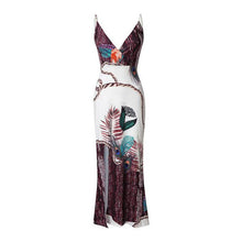 Load image into Gallery viewer, Women Peacock Feather Print Thigh Slit Slip Dress Spaghetti Strap V-neck Maxi Dress Party Slim elegant Summer Dress