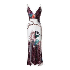 Women Peacock Feather Print Thigh Slit Slip Dress Spaghetti Strap V-neck Maxi Dress Party Slim elegant Summer Dress