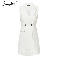 Load image into Gallery viewer, Simplee White blazer work dress women V neck ruffle A line slim sleeveless party dress Office ladies short white dress vestidos