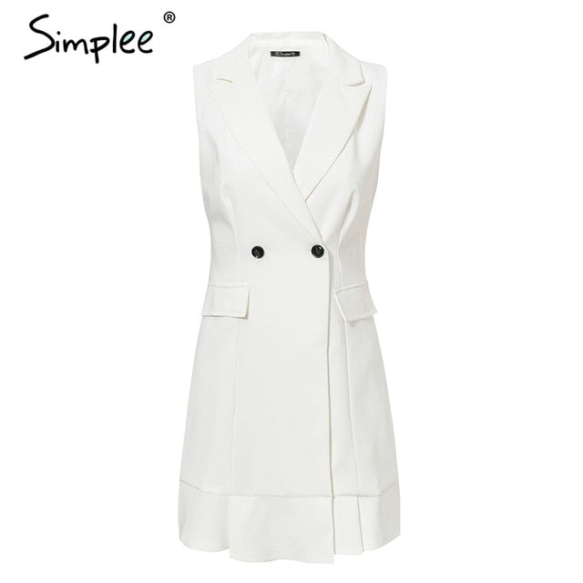 Simplee White blazer work dress women V neck ruffle A line slim sleeveless party dress Office ladies short white dress vestidos